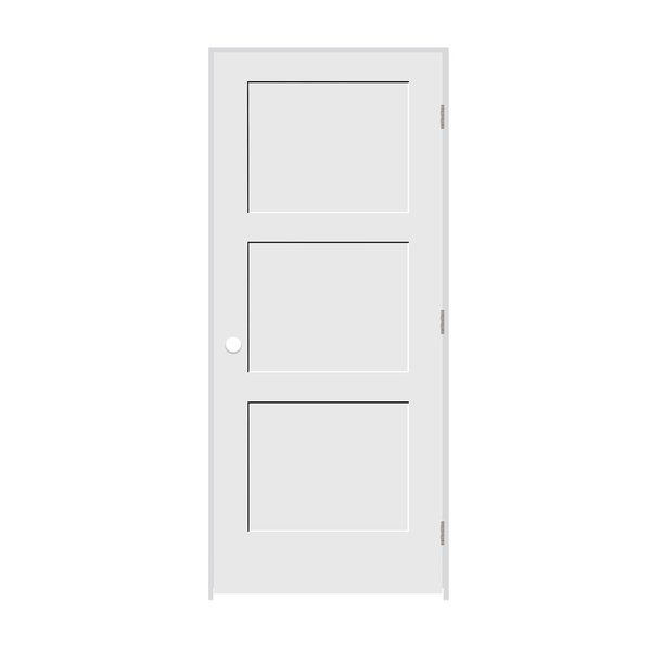 Trimlite 30"x80"x13/8" Primed 3Panel Equal Panel Interior Shaker 49/16" LH Prehung Door Satin Nickel Hinges 2668pri8433LH154916